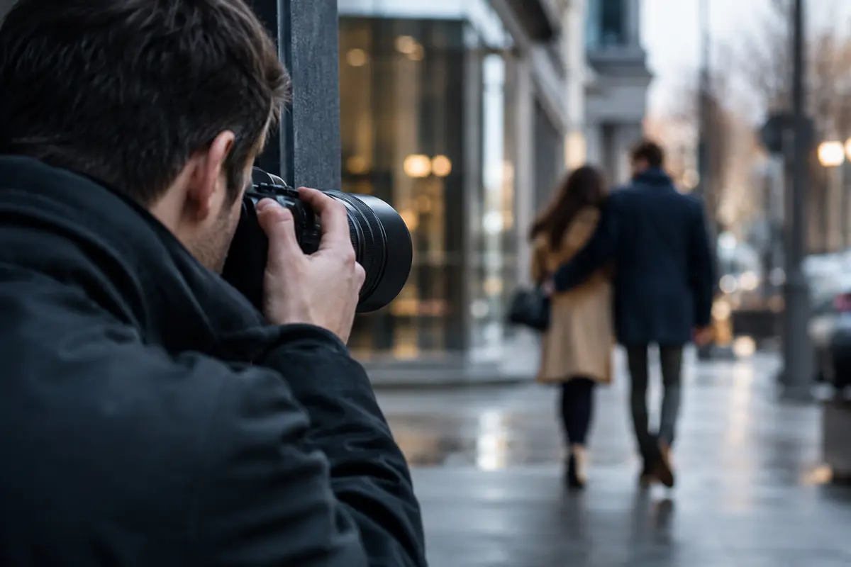 prywatny detektyw na ulicy z aparatem fotografcznym